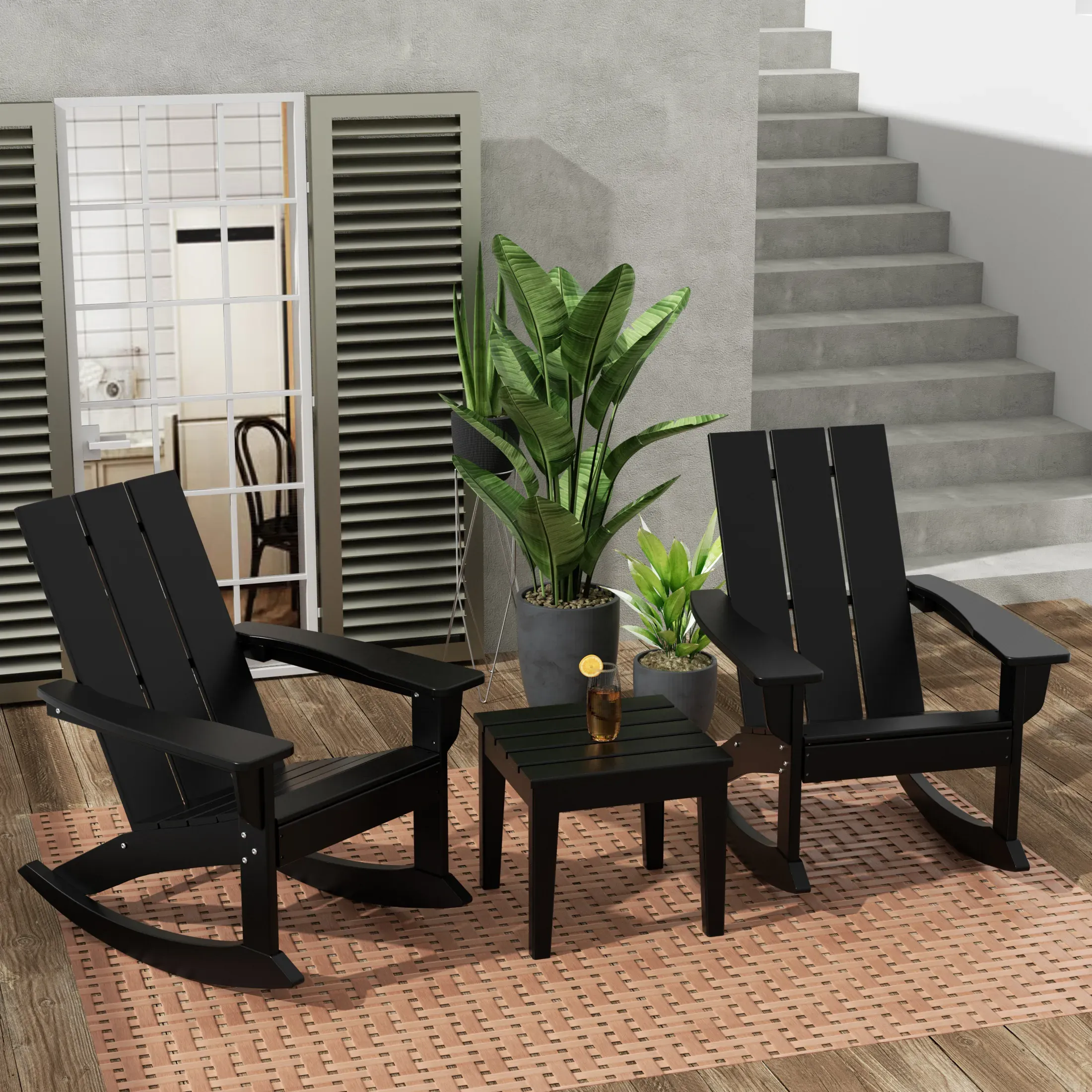 Ashore 3 Piece Patio Rocking Chair Set, All Weather Poly Lumber Adirondack Rocker Bistro Set Porch Patio